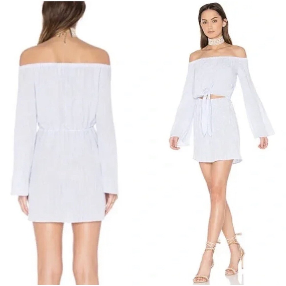 L'Academie x REVOLVE The Tie Front Off Shoulder Dress in Blue Pinstripe Size S
